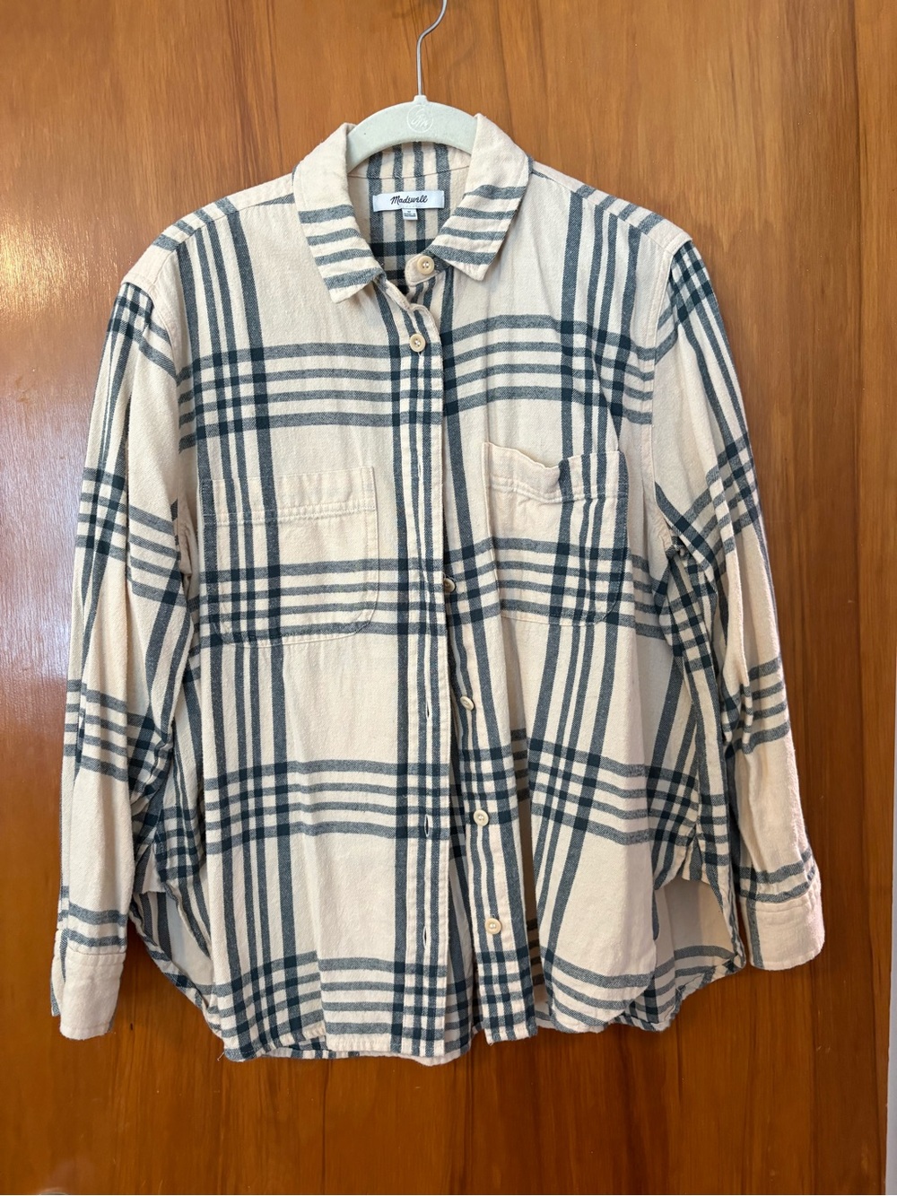 Madewell Cream and Blue Plaid Button-Down Flannel Shirt
